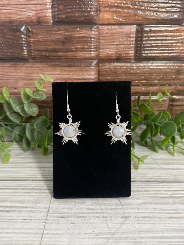 Rainbow Moonstone Star/Snowflake Wire-Wrapped Earrings