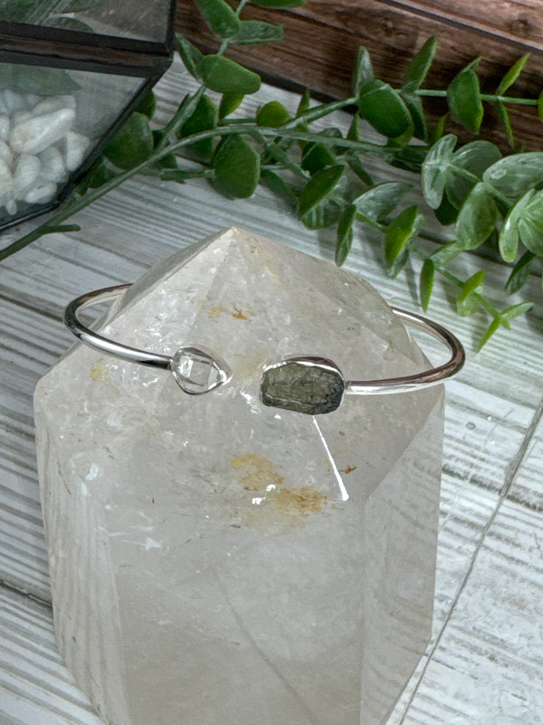 Moldavite & Herkimer Diamond Sterling Silver Bracelet