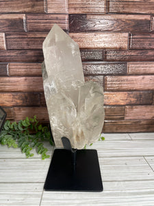 Clear Quartz With Chlorite Cluster/Point On Metal Stand