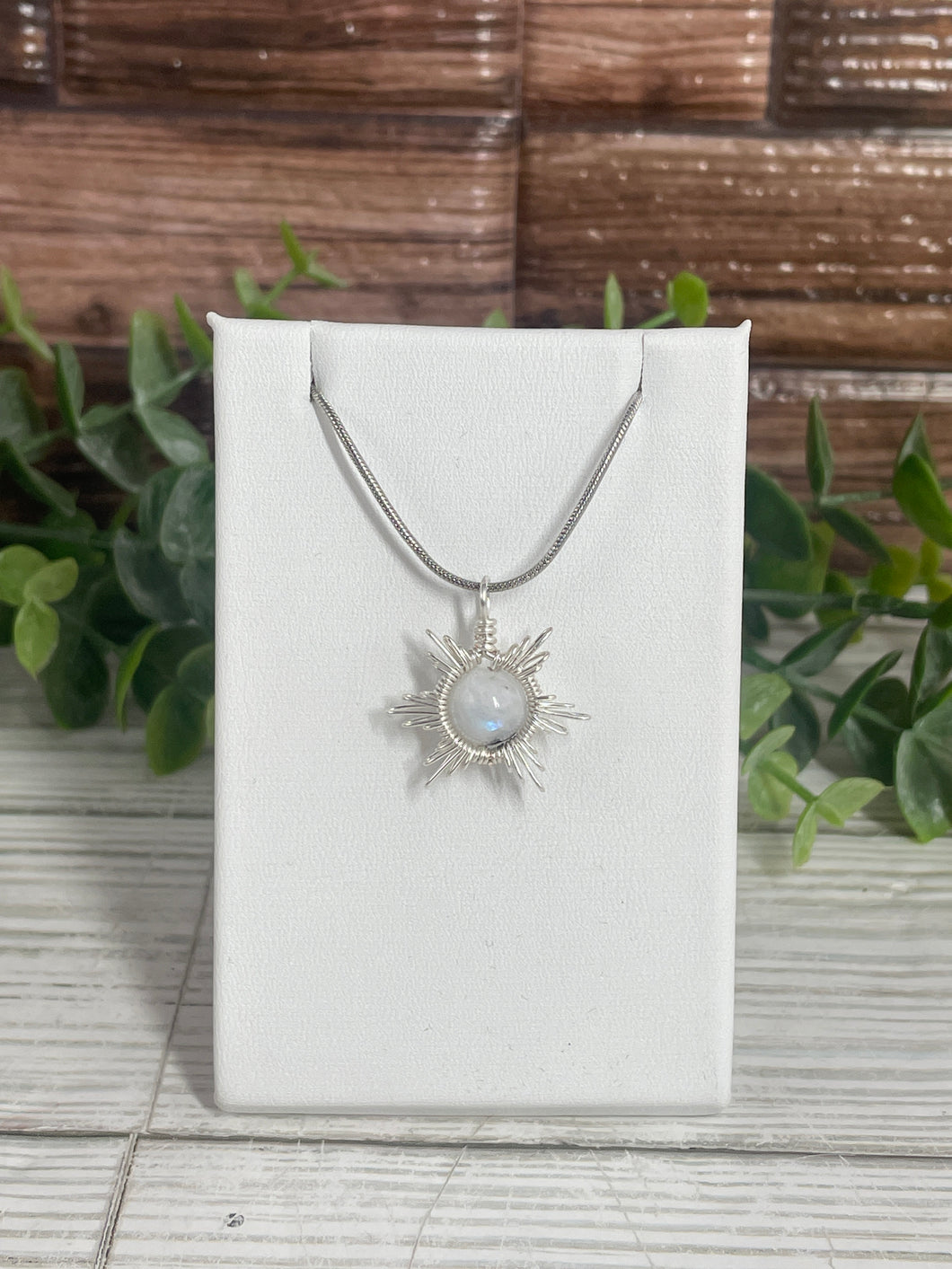 Rainbow Moonstone Star/Snowflake Wire-Wrapped Pendant