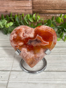 Carnelian & Flower Agate Heart On Metal Stand