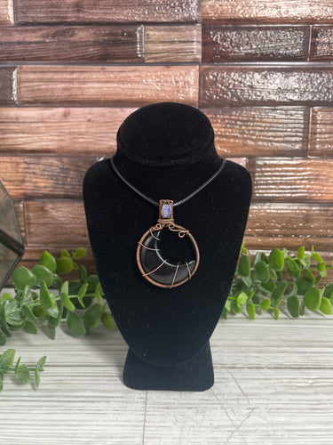 Black Onyx & Ethiopian Opal Wire-Wrapped Moon Pendant