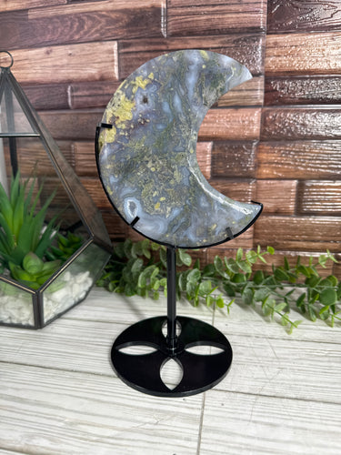 Moss Agate Moon on Stand