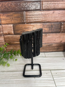 Raw Black Tourmaline On Metal Stand