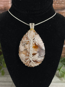 Flower Agate Tree Of Life Wire-Wrapped Pendant