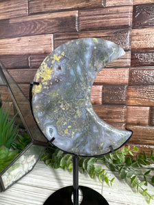 Moss Agate Moon on Stand