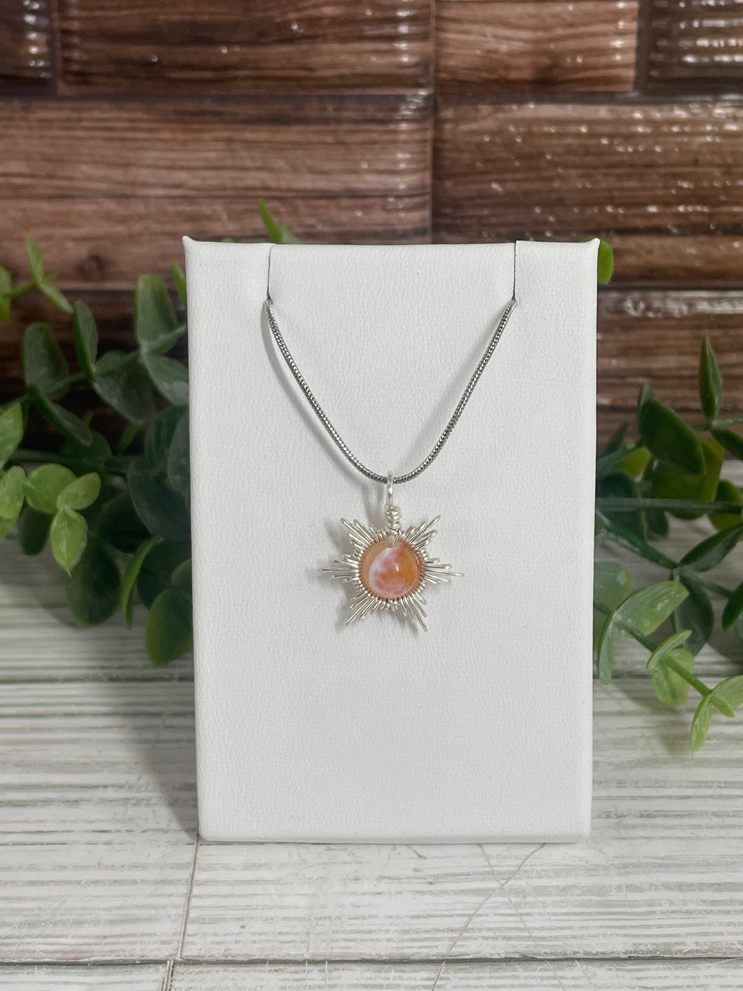 Fire Agate Star/Snowflake Wire-Wrapped Pendant