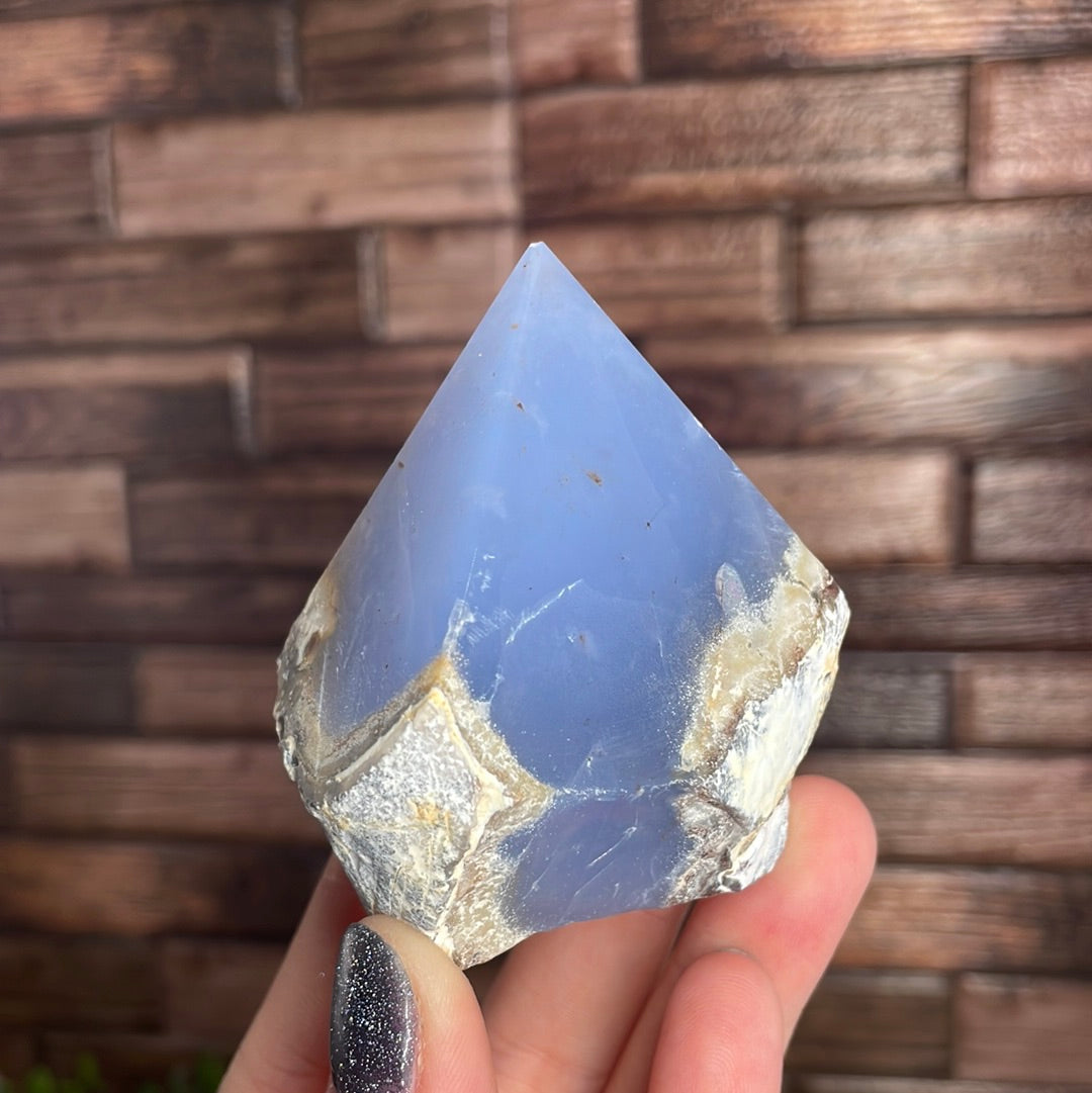 Blue chalcedony store half polished crystal point