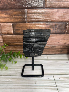 Raw Black Tourmaline On Metal Stand