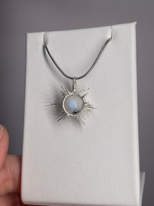 Rainbow Moonstone Star/Snowflake Wire-Wrapped Pendant