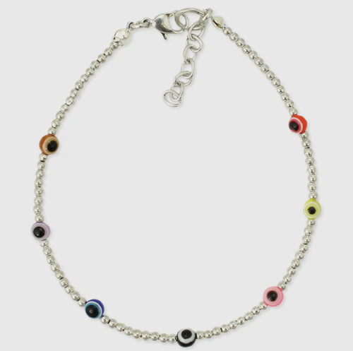 Silver Beaded Evil Eye Anklet