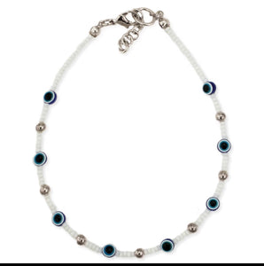 White Beaded Evil Eye Anklet